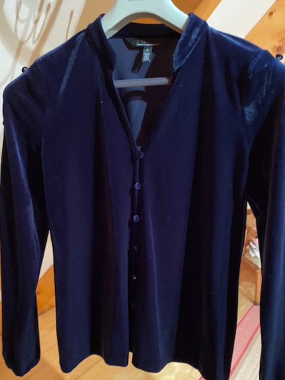 WHBM ~Woman Size S~ Regal Blue Velour Long Sleeve V-Neck Blouse Button Front.